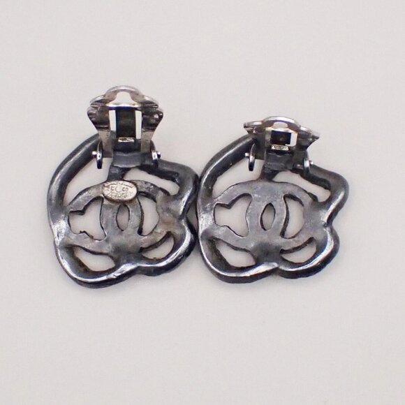 CHANEL Logo Camellia Motif Rhinestone Earrings 00A Silver France - Picture 3 of 16